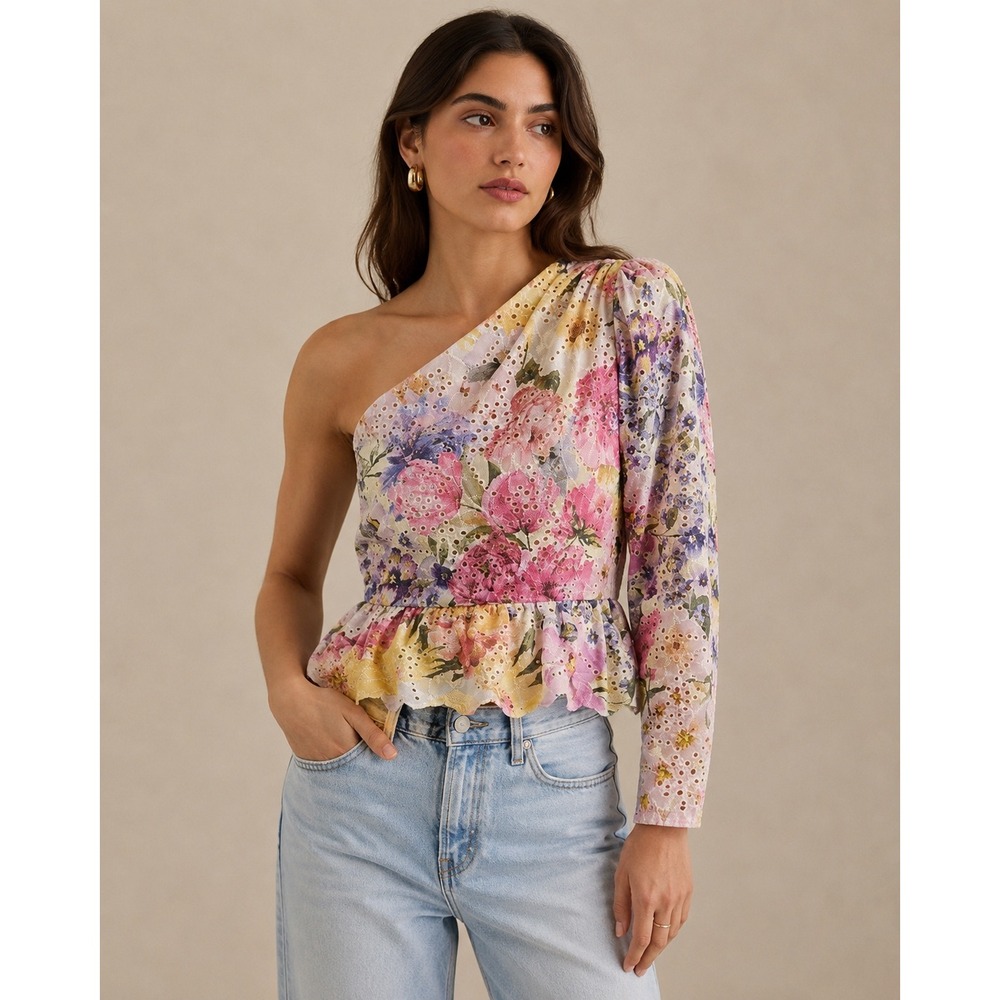 Express Womens One Shoulder Eyelet Floral Peplum Blouse NWT Multi Color Size 6